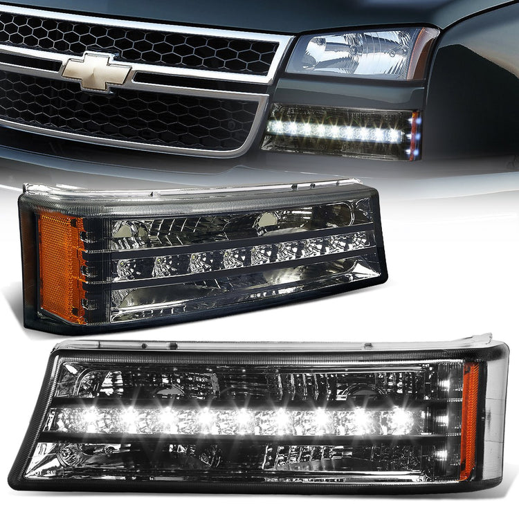 CUARTOS LUZ 03-06 CHEVY SILVERADO 1500 , 2500 , 3500 , HD MODELS, CHEVY AVALANCHE - LED DRL - FITS AVALANCHE MODELS W/O BODY CLADDING - SMOKE HOUSING / AMBER CORNER