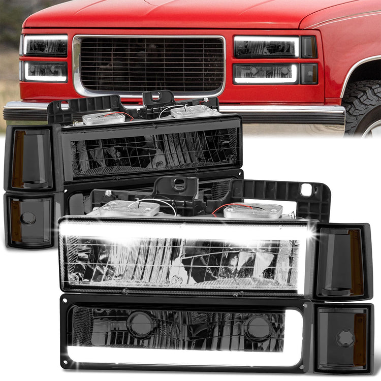 FAROS SMOKE LENS,AMBER REFLECTOR,CHROME HOUSING - 8PCS - LED BAR - 94-99 GMC C1500 K1500 YUKON / 94-99 GMC C1500 SUBURBAN C2500 SUBURBAN K1500 SUBURBAN K2500 SUBURBAN / 94-00 GMC C2500 C3500 K2500 K3500 - FITS MODELS WITH COMPOSITE HEADLIGHTS ONLY
