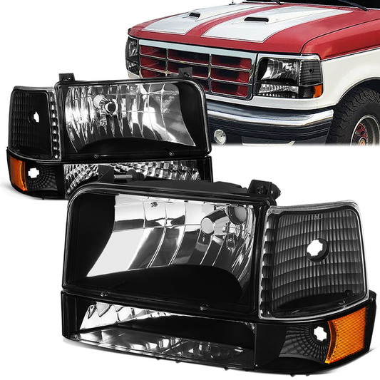 FAROS 92-96 FORD F-150, F-250, F-350, BRONCO 2/4-DR - 6PC - 9007 LOW BEAM / HIGH BEAM - 3157A TURN SIGNAL - BLACK HOUSING / AMBER CORNER