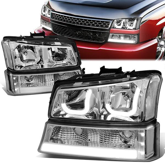 FAROS 03-06 CHEVY SILVERADO 1500, 2500, 3500, 1500HD, 2500HD, AVALANCHE 1500, AVALANCHE 2500 / 2007 CHEVY SILVERADO 1500, 1500HD, 2500HD, 3500 CLASSIC - FITS MODELS WITHOUT FACTORY CLADDING ONLY - J-HALO - LED DRL - 4PC - CHROME HOUSING / CLEAR CORNER