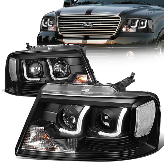 FAROS 04-08 FORD F-150 2/4-DOOR - 3D - LED - J-BAR HALO PROJECTOR - BLACK HOUSING / CLEAR CORNER - 9007 LOW BEAM / HIGH BEAM
