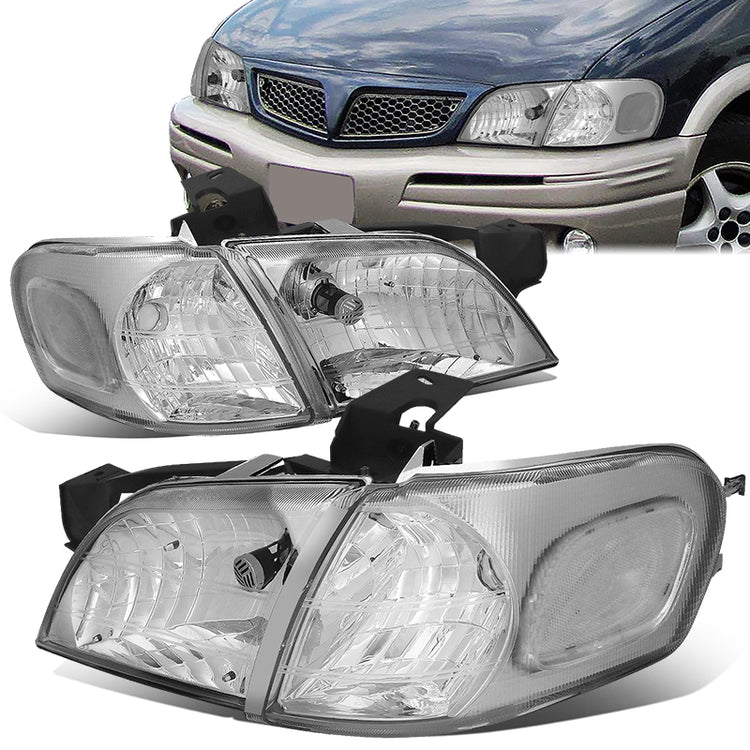 FAROS 97-05 CHEVY VENTURE / 97-04 OLDSMOBILE SILHOUETTE / 99-05 PONTIAC MONTANA / 97-99 PONTIAC TRANS SPORT 3/4-DOOR - 4PC - CHROME HOUSING / CLEAR CORNER - 9004 LOW BEAM / HIGH BEAM