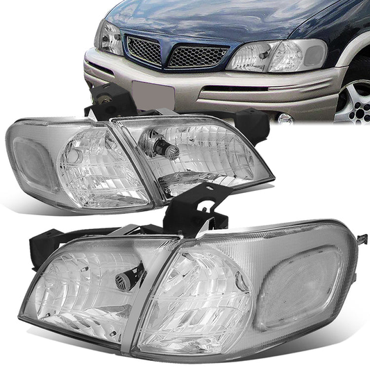 FAROS 97-05 CHEVY VENTURE / 97-04 OLDSMOBILE SILHOUETTE / 99-05 PONTIAC MONTANA / 97-99 PONTIAC TRANS SPORT 3/4-DOOR - 4PC - CHROME HOUSING / CLEAR CORNER - 9004 LOW BEAM / HIGH BEAM