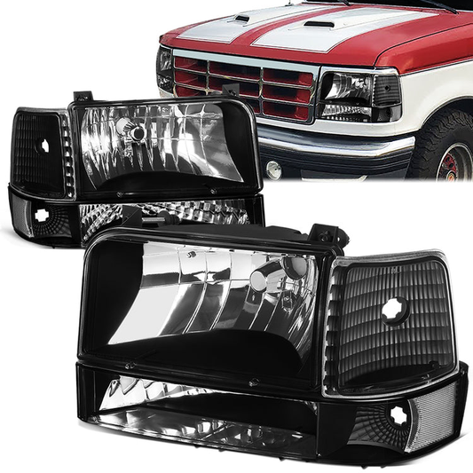 FAROS 92-96 FORD F-150, F-250, F-350, BRONCO 2/4-DR - 6PC - 9007 LOW BEAM / HIGH BEAM - 3157A TURN SIGNAL - BLACK HOUSING / CLEAR CORNER