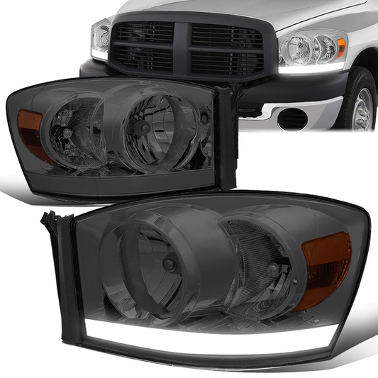 FAROS 06-08 DODGE RAM 1500 / 06-09 RAM 2500 , 3500 2/4-DOOR - FOR 2009 , FIT OLD BODY STYLE ONLY - DOES NOT FIT NEW BODY STYLE MODELS - STOCK HEADLIGHTS WITHOUT AMBER BAR - LED DRL - SMOKE HOUSING / AMBER CORNER - H13 LOW BEAM / HIGH BEAM