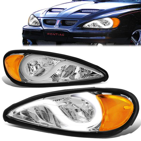 FAROS 99-05 PONTIAC GRAND AM - 3D - LED DRL - PROJECTOR - CHROME HOUSING / AMBER CORNER - 9007 HIGH / LOW BEAM BULB