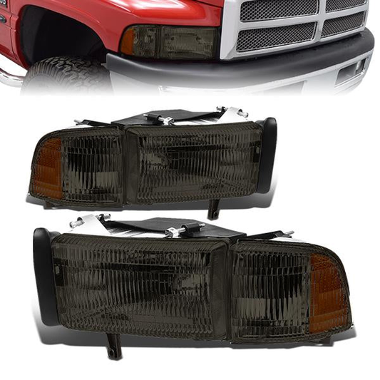 FAROS 94-02 DODGE RAM 2500 , 3500 / 94-01 RAM 1500 2/4-DOOR - DOES NOT FIT SPORT MODELS - 4PC - OEM STYLE - SMOKE HOUSING / AMBER CORNER - 9004 LOW BEAM / HIGH BEAM