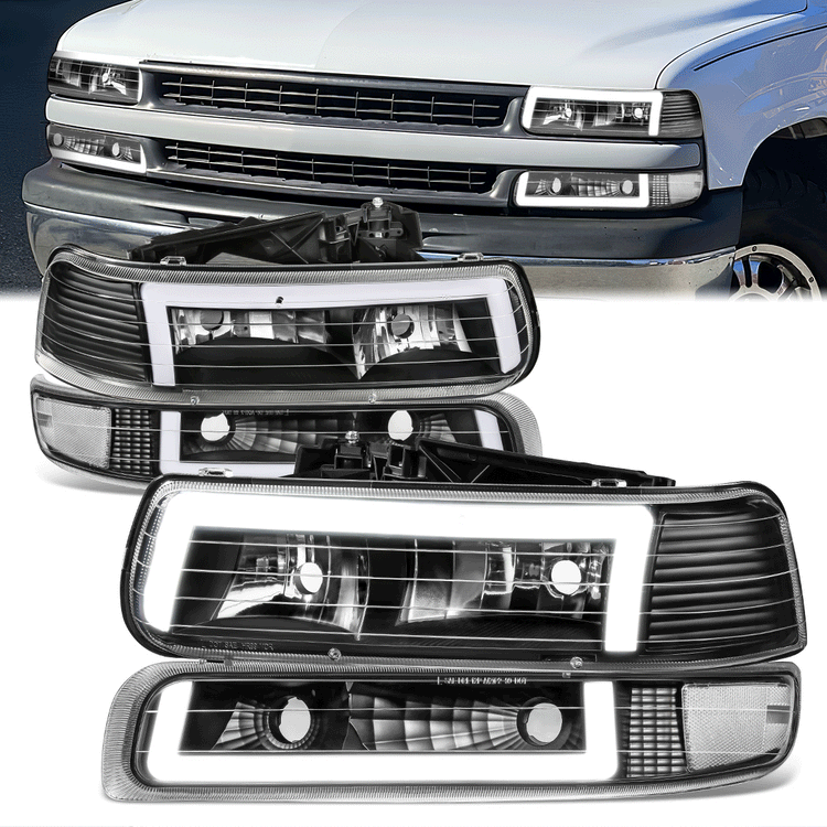 FAROS 99-02 CHEVY SILVERADO 1500, 2500 / 01-02 SILVERADO 1500HD, 2500HD, 3500 / 00-06 CHEVY SUBURBAN 1500, 2500, CHEVY TAHOE - REQUIRES WIRING TO EXISTING VEHICLE WIRING HARNESS - LED DRL - DUAL C-BAR - 4PC - BLACK HOUSING / CLEAR CORNER
