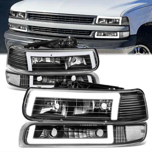FAROS 99-02 CHEVY SILVERADO 1500, 2500 / 01-02 SILVERADO 1500HD, 2500HD, 3500 / 00-06 CHEVY SUBURBAN 1500, 2500, CHEVY TAHOE - REQUIRES WIRING TO EXISTING VEHICLE WIRING HARNESS - LED DRL - DUAL C-BAR - 4PC - BLACK HOUSING / CLEAR CORNER