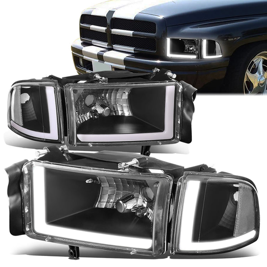 FAROS 94-01 DODGE RAM 1500 / 94-02 DODGE RAM 2500 3500 - DOES NOT FIT SPORT MODELS - LED DRL - BLACK HOUSING / CLEAR CORNER - 9004 HIGH / LOW BEAM BULBS