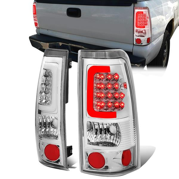 FAROS TRASEROS 99-02 CHEVY SILVERADO 1500 , 2500 , 3500 , HD MODELS / 99-03 GMC SIERRA 1500 , 2500 , HD MODELS - C-BAR - 3D - U-HALO LED - CHROME / CLEAR