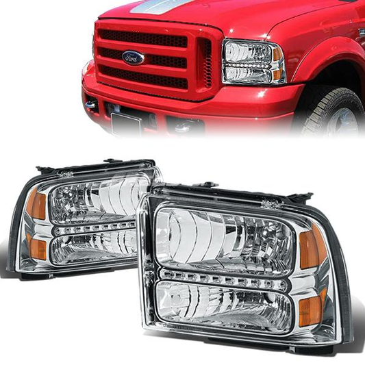FAROS 05-07 FORD F-250, F-350, F-450, F-550 2/4-DOOR SUPER DUTY - H13 LOW BEAM / HIGH BEAM - LED - CHROME HOUSING / AMBER CORNER