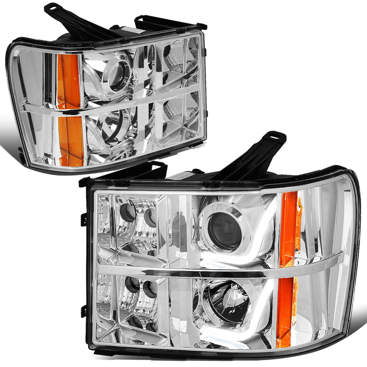 FAROS 07-13 GMC SIERRA 1500, 2500HD, 3500HD 2/4-DOOR -  L-BAR HALO PROJECTOR - CHROME HOUSING / AMBER CORNER - H11 LOW BEAM / 9005 HIGH BEAM
