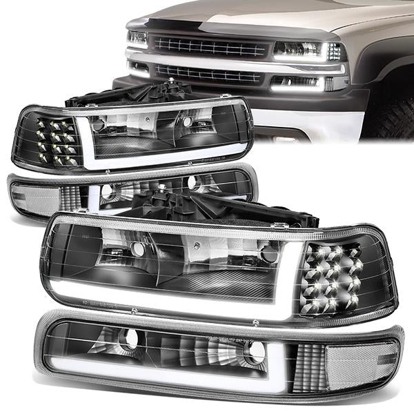 FAROS 99-02 CHEVY SILVERADO 1500, 2500 / 01-02 CHEVY SILVERADO 1500HD, SILVERADO 2500HD, SILVERADO 3500 / 00-06 CHEVY SUBURBAN 1500, SUBURBAN 2500, TAHOE - LED DRL - DRL REQUIRES WIRING INTO EXISTING LIGHTING HARNESS - 4PC - BLACK HOUSING / CLEAR CORNER