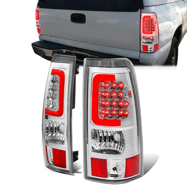 FAROS TRASEROS 03-06 CHEVY SILVERADO 1500 , 2500 , 3500 , HD MODELS , GMC SIERRA 1500 , 2500 , 3500 , HD MODELS / 2007 CHEVY SILVERADO , GMC SIERRA CLASSIC MODELS - RED C-BAR - 3D - U-HALO LED - FITS FLEETSIDE MODELS ONLY , DOES NOT FIT DUALLY MODELS -