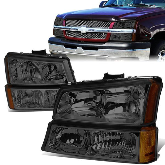 FAROS 03-04 CHEVY SILVERADO 2500 / 03-06 CHEVY AVALANCHE 1500 , 2500 / 03-06 CHEVY SILVERADO 1500 , 1500HD , 2500HD , 3500 2/4-DOOR - FITS MODELS WITHOUT FACTORY CLADDING ONLY - 4PC - SMOKE HOUSING / AMBER CORNER - 9006 LOW BEAM / 9005 HIGH BEAM
