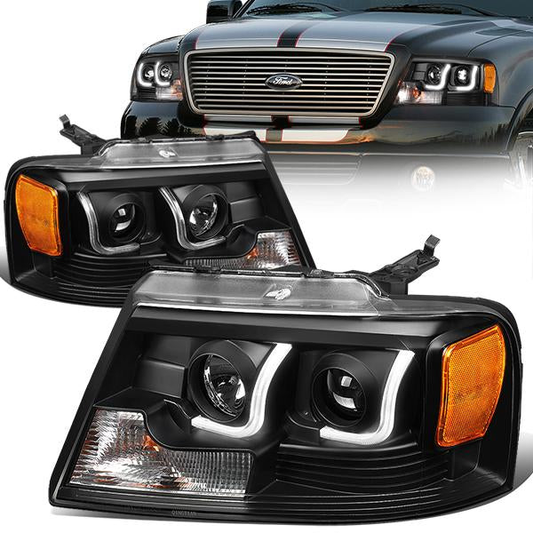 FAROS 04-08 FORD F-150 2/4-DOOR - 3D - LED - J-BAR HALO PROJECTOR - BLACK HOUSING / AMBER CORNER - 9007 LOW BEAM / HIGH BEAM