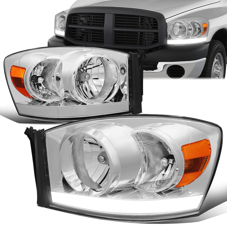 FAROS 06-08 DODGE RAM 1500 / 06-09 RAM 2500 , 3500 2/4-DOOR - FOR 2009 , FIT OLD BODY STYLE ONLY - DOES NOT FIT NEW BODY STYLE MODELS - STOCK HEADLIGHTS WITHOUT AMBER BAR - LED DRL - CHROME HOUSING / AMBER CORNER - H13 LOW BEAM / HIGH BEAM
