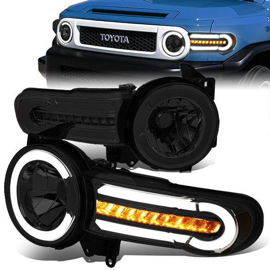 FAROS 07-14 TOYOTA FJ CRUISER - LED DRL - SEQUENTIAL TURN SIGNAL - SMOKE HOUSING / AMBER CORNER - 9003 LOW BEAM / H4 HIGH BEAM