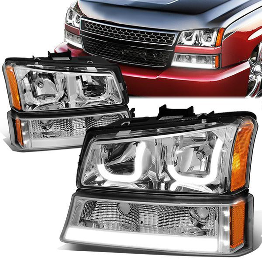FAROS 03-06 CHEVY SILVERADO 1500, 2500, 3500, 1500HD, 2500HD, AVALANCHE 1500, AVALANCHE 2500 / 2007 CHEVY SILVERADO 1500, 1500HD, 2500HD, 3500 CLASSIC - FITS MODELS WITHOUT FACTORY CLADDING ONLY - J-HALO - LED DRL - 4PC - CHROME HOUSING / AMBER CORNER