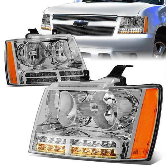 FAROS 07-13 CHEVY AVALANCHE / 07-14 CHEVY TAHOE / 07-14 CHEVY SUBURBAN 1500 / 07-13 CHEVY SUBURBAN 2500 - LED DRL - CHROME HOUSING / AMBER CORNER - H1 LOW BEAM / H1 HIGH BEAM