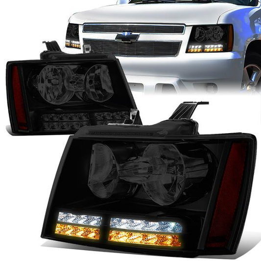 FAROS 07-13 CHEVY AVALANCHE / 07-14 CHEVY TAHOE / 07-14 CHEVY SUBURBAN 1500 / 07-13 CHEVY SUBURBAN 2500 - LED DRL - BLACK HOUSING / SMOKE LENS / AMBER CORNER - H1 LOW BEAM / H1 HIGH BEAM