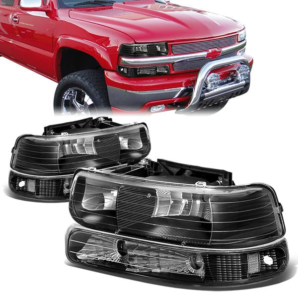 FAROS 99-02 CHEVY SILVERADO 1500 , 2500 / 00-06 CHEVY SUBURBAN 1500 , 2500 , TAHOE / 01-02 CHEVY SILVERADO 1500 HD , 2500 HD , 3500 HD 2/4-DOOR - 4PC - BLACK HOUSING / CLEAR CORNER - 9006 LOW BEAM / HIGH BEAMDLIGHTS - 99-02 CHEVY SILVERADO 1500 ,
