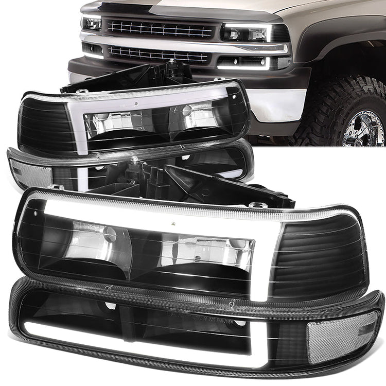 FAROS 99-02 CHEVY SILVERADO 1500, 2500 / 01-02 SILVERADO 1500 HD, 2500 HD, 3500 / 00-06 SUBURBAN 1500, 2500, TAHOE - REQUIRES WIRING TO EXISTING VEHICLES WIRING HARNESS - LED DRL - 4PC - BLACK / CLEAR