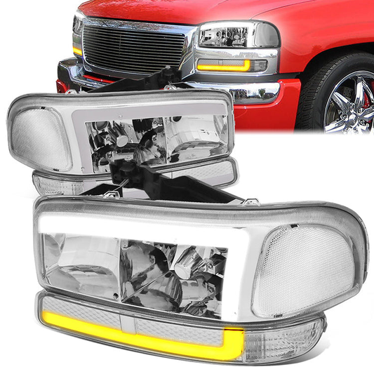 FAROS 99-06 GMC SIERRA 1500, YUKON / 01-06 SIERRA 1500 HD, SIERRA 2500 HD, SIERRA 3500 / 2007 SIERRA 1500, 1500 HD CLASSIC, SIERRA 3500 CLASSIC / 99-04 SIERRA 2500 / 00-06 YUKON XL 1500, YUKON XL 2500 - DOES NOT FIT DENALI, C3 TRIMS - SWITCHBACK LED DRL -
