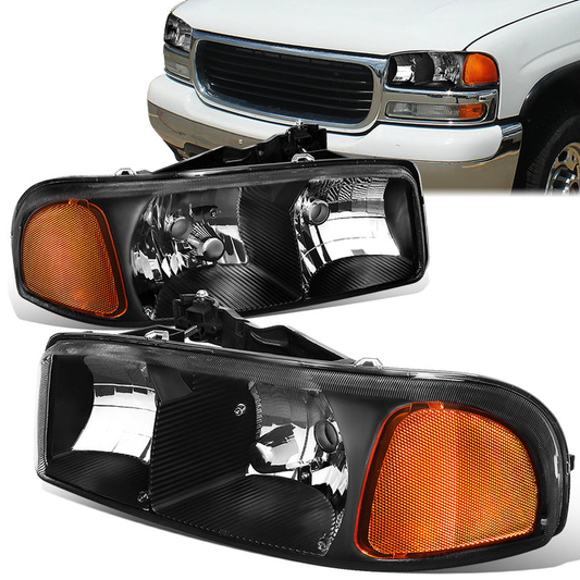 FAROS 99-07 GMC SIERRA 1500 / 99-04 2500 / 01-07 1500 HD/2500 HD/3500 HD / 99-06 YUKON / 00-06 YUKON XL 1500/2500 / 2001 SIERRA C3 - 2PC - 9005 LOW BEAM / HIGH BEAM - BLACK HOUSING / AMBER CORNER