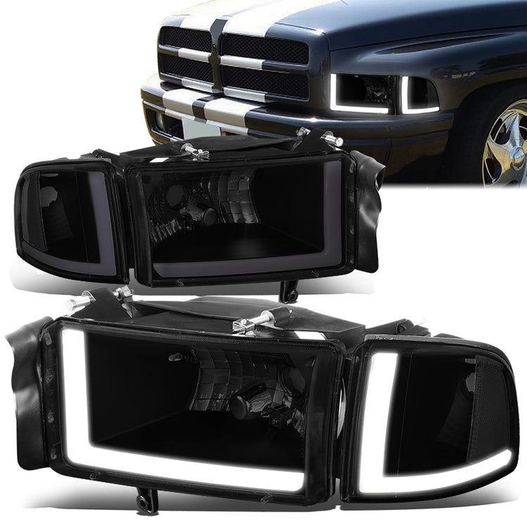 FAROS 94-01 DODGE RAM 1500 / 94-02 DODGE RAM 2500 3500 - DOES NOT FIT SPORT MODELS - LED DRL - BLACK HOUSING / SMOKE LENS / CLEAR CORNER - 9004 HIGH / LOW BEAM BULBS