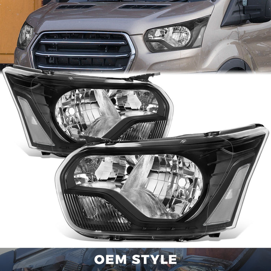 FAROS FORD TRANSIT 150 2015-2023 / FORD TRANSIT 250 2015-2023 / FORD TRANSIT 350 2015-2023 - WITH FACTORY HALOGEN HEADLIGHTS - OE STYLE - H11 LOW / 9005 HIGH / 3457A TURN SIGNAL / 194 SIDE MARKER - BLACK HOUSING / CLEAR CORNER