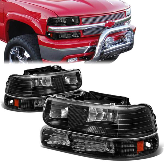 FAROS 99-02 CHEVY SILVERADO 1500 , 2500 / 00-06 CHEVY SUBURBAN 1500 , 2500 , TAHOE / 01-02 CHEVY SILVERADO 1500 HD , 2500 HD , 3500 HD 2/4-DOOR - 4PC - BLACK HOUSING / AMBER CORNER - 9006 LOW BEAM / HIGH BEAM