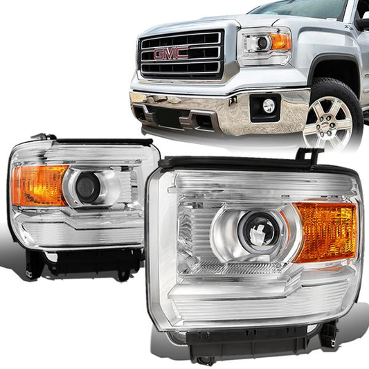 FAROS 14-15 GMC SIERRA 1500 / 15-17 GMC SIERRA 2500 , 3500 2/4-DOOR - FITS HALOGEN HEADLIGHTS MODELS ONLY - PROJECTOR - H7 LOW BEAM / HIGH BEAM - CHROME HOUSING / AMBER CORNER