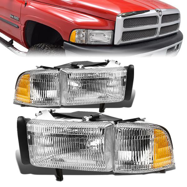 FAROS 94-02 DODGE RAM 2500 , 3500 / 94-01 RAM 1500 2/4-DOOR - DOES NOT FIT SPORT MODELS - 4PC - OEM STYLE - CHROME HOUSING / AMBER CORNER - 9004 LOW BEAM / HIGH BEAM