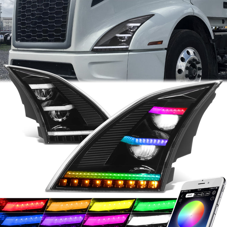 FAROS 18-21 VOLVO VNL, VNL 300, VNL 400, VNL 740, VNL 760, VNL 860 / 18-21 VOLVO VNR, VNR 300, VNR 400, VNR 640 - FULL LED RGB DRL SEQUENTIAL TURN SIGNAL - BLACK
