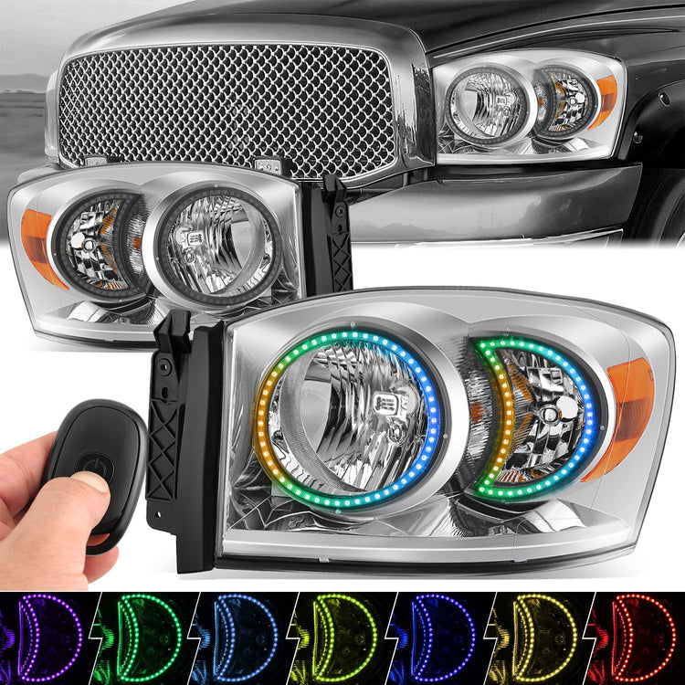 FAROS 06-08 DODGE RAM 1500 / 06-09 DODGE RAM 2500 3500 - FITS MODELS WITH HALOGEN HEADLAMPS ONLY - FOR 2009, FIT OLD BODY STYLE ONLY, DOES NOT FIT NEW BODY STYLE MODELS - LED HALO RING RGB RUNNING LIGHT - H13 HIGH / LOW BEAM / 3157 TURN SIGNAL - CHROME