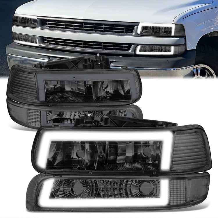 FAROS 99-02 CHEVY SILVERADO 1500, 2500 / 01-02 SILVERADO 1500HD, 2500HD, 3500 / 00-06 CHEVY SUBURBAN 1500, 2500, CHEVY TAHOE - REQUIRES WIRING TO EXISTING VEHICLE WIRING HARNESS - LED DRL - DUAL C-BAR - 4PC - SMOKE HOUSING / CLEAR CORNER