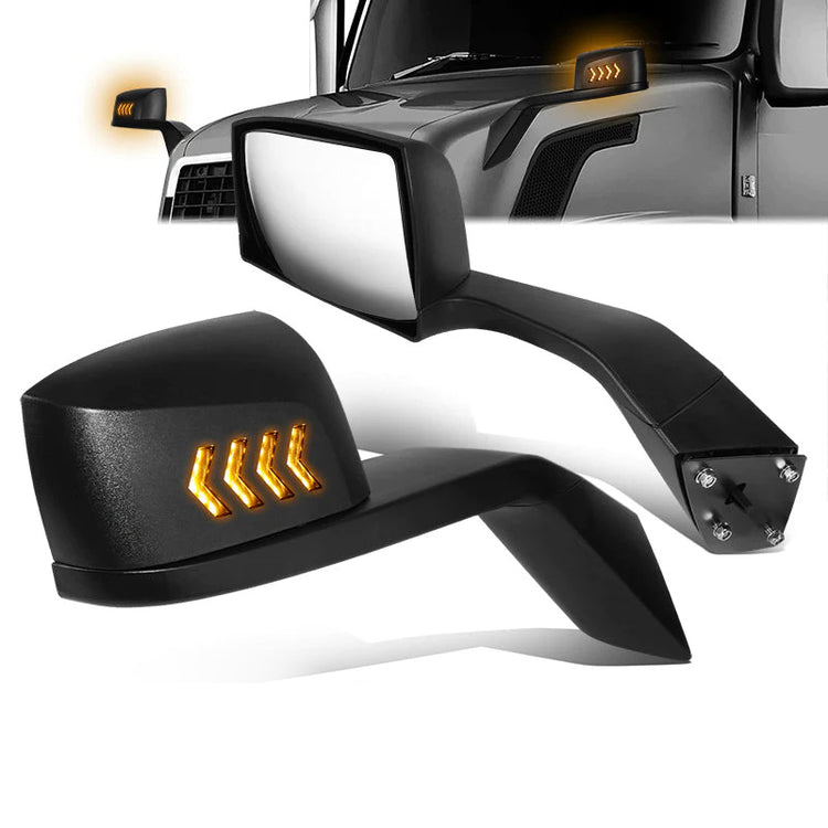 RETROVISOR HOOD MIRROR - 04-18 VOLVO VN SERIES - FITS MODELS WITH UNPOWERED / UNHEATED GLASS MIRRORS ONLY - MARKER / TURN SIGNAL LIGHTS NEED TO BE WIRED INTO EXISTING LIGHTING HARNESS - MANUAL - ARROW SEQUENTIAL LED - BLACK