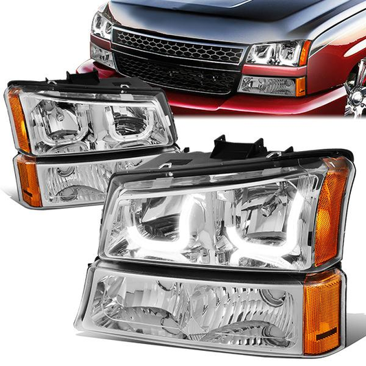 FAROS 03-06 CHEVY SILVERADO 1500, 2500, 3500, 1500HD, 2500HD, AVALANCHE 1500, AVALANCHE 2500 / 2007 CHEVY SILVERADO 1500, 1500HD, 2500HD, 3500 CLASSIC - J-HALO LED DRL - 4PC - CHROME HOUSING / AMBER CORNER