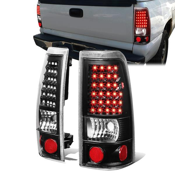 FAROS TRASEROS 99-02 CHEVY SILVERADO 1500 , 2500 , 3500 , HD MODELS / 99-03 GMC SIERRA 1500 , 2500 , 3500 , HD MODELS - LED - BLACK / CLEAR