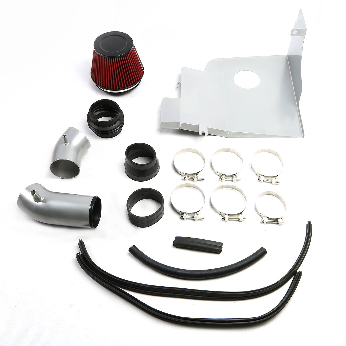 FILTRO DE AIRE ALTO FLUJO HEAT SHIELD - 11-14 FORD MUSTANG 3.7L V6 - ALUMINUM PIPING - ALUMINUM PIPING - SILVER