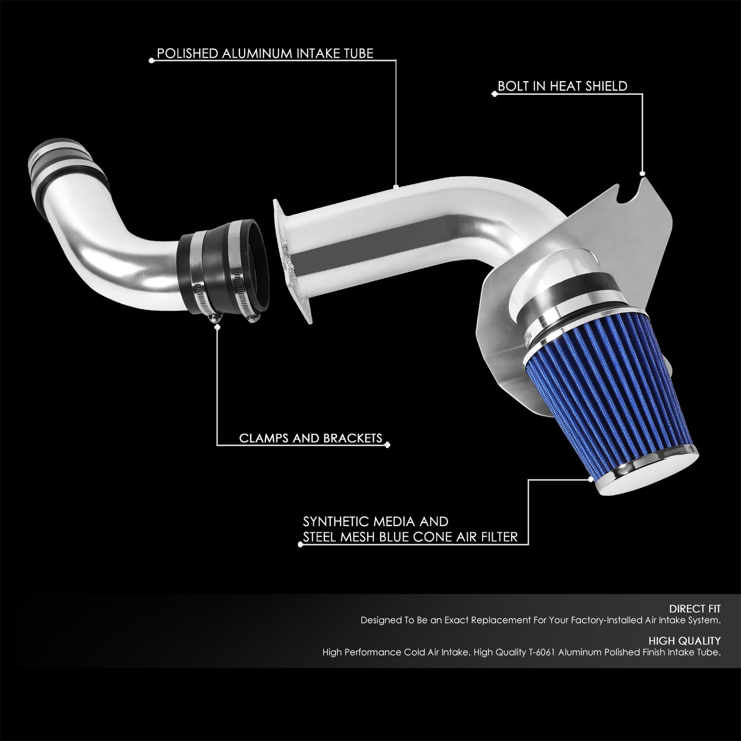 FILTRO DE AIRE ALTO FLUJO HEAT SHIELD - 99-04 MUSTANG 3.8L V6 - ALUMINUM PIPING - BLUE FILTER
