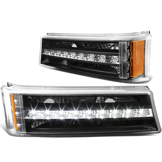 CUARTOS LUZ 03-06 CHEVY SILVERADO 1500 , 2500 , 3500 , HD MODELS, CHEVY AVALANCHE - LED DRL - FITS AVALANCHE MODELS W/O BODY CLADDING - BLACK HOUSING / AMBER CORNER