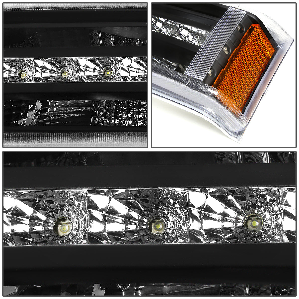 CUARTOS LUZ 03-06 CHEVY SILVERADO 1500 , 2500 , 3500 , HD MODELS, CHEVY AVALANCHE - LED DRL - FITS AVALANCHE MODELS W/O BODY CLADDING - BLACK HOUSING / AMBER CORNER