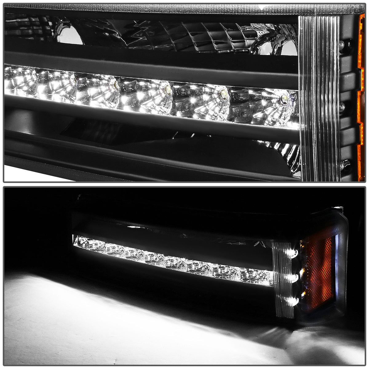CUARTOS LUZ 03-06 CHEVY SILVERADO 1500 , 2500 , 3500 , HD MODELS, CHEVY AVALANCHE - LED DRL - FITS AVALANCHE MODELS W/O BODY CLADDING - BLACK HOUSING / AMBER CORNER