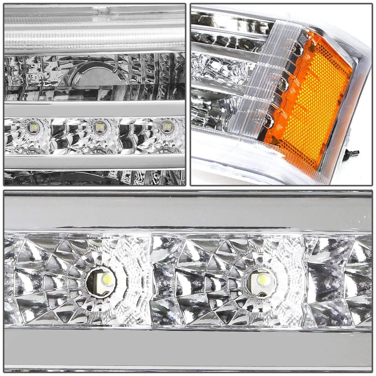CUARTOS LUZ 03-06 CHEVY SILVERADO 1500 , 2500 , 3500 , HD MODELS, CHEVY AVALANCHE - LED DRL - FITS AVALANCHE MODELS W/O BODY CLADDING - CHROME HOUSING / AMBER CORNER