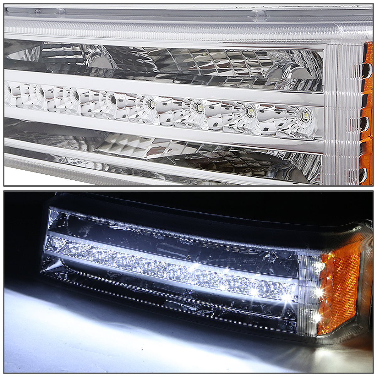 CUARTOS LUZ 03-06 CHEVY SILVERADO 1500 , 2500 , 3500 , HD MODELS, CHEVY AVALANCHE - LED DRL - FITS AVALANCHE MODELS W/O BODY CLADDING - CHROME HOUSING / AMBER CORNER
