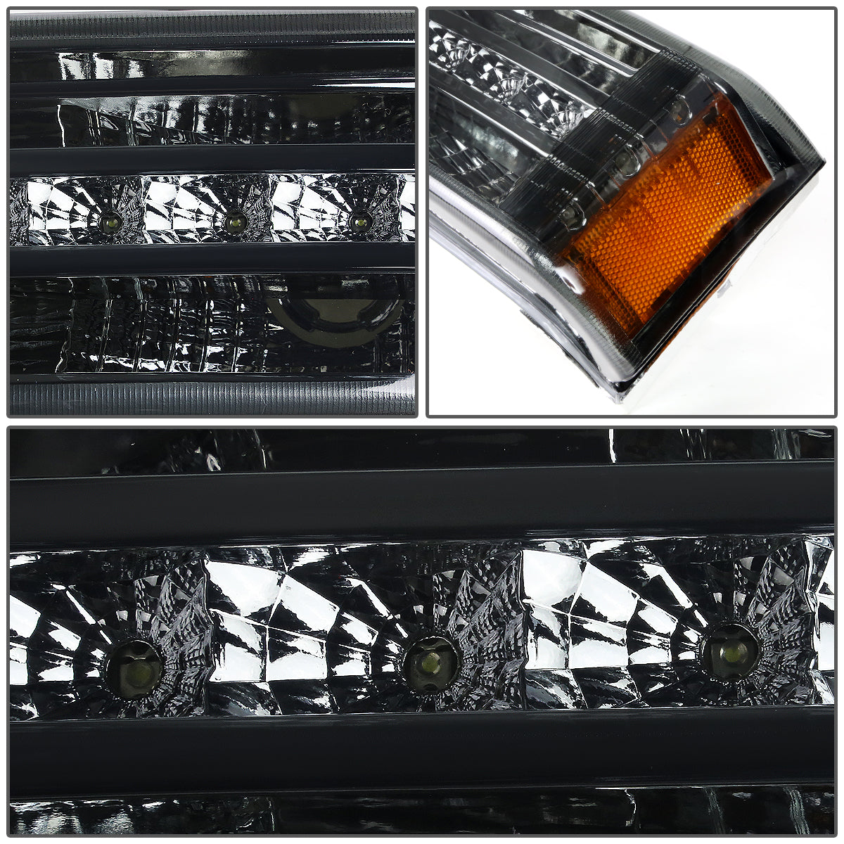 CUARTOS LUZ 03-06 CHEVY SILVERADO 1500 , 2500 , 3500 , HD MODELS, CHEVY AVALANCHE - LED DRL - FITS AVALANCHE MODELS W/O BODY CLADDING - SMOKE HOUSING / AMBER CORNER