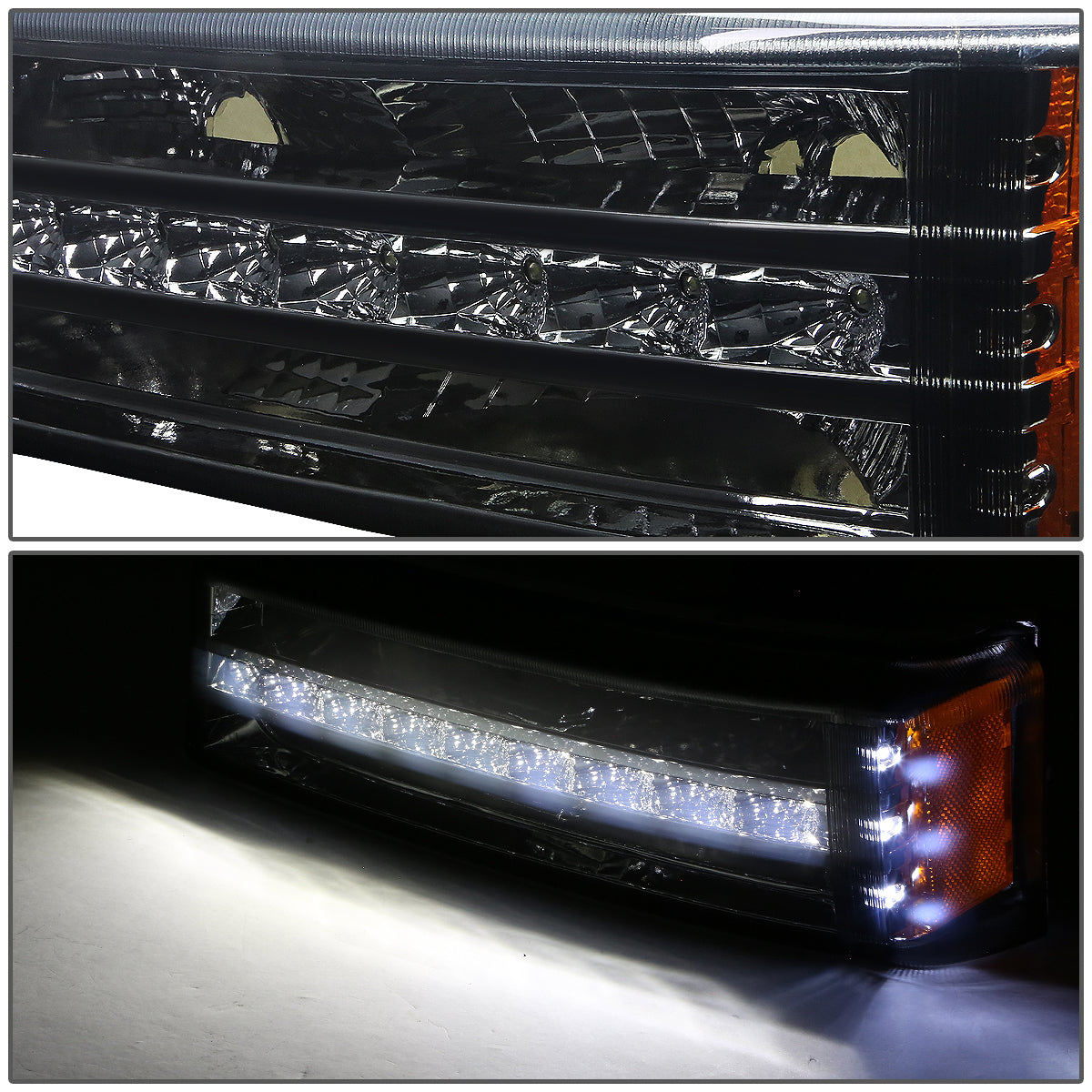 CUARTOS LUZ 03-06 CHEVY SILVERADO 1500 , 2500 , 3500 , HD MODELS, CHEVY AVALANCHE - LED DRL - FITS AVALANCHE MODELS W/O BODY CLADDING - SMOKE HOUSING / AMBER CORNER